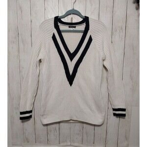 Venus White Varsity V Neck Sweater Ribbed Knit Navy Stripe Long Sleeve Preppy XL